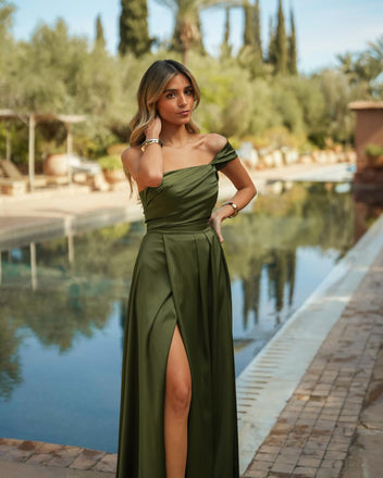 Charming A-line Slit Off Shoulder Soft Satin Bridesmaid Dress, FC7055