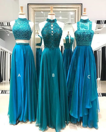 Teal prom dresses,High neck prom dresses, Beaded prom dresses PD220199