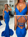 Blue Spaghetti Straps V-neck Mermaid Backless Long Prom Dresses, OB101