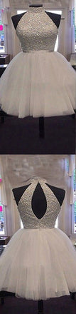 Short white beads sparkly open back off shoulder homecoming prom dress,BD0008