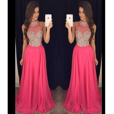 Hot Pink Halter Evening Prom Dresses, 2017 Long Beaded Prom Dress, Custom Long Prom Dress, Cheap Party Prom Dress, Formal Prom Dress, 17037