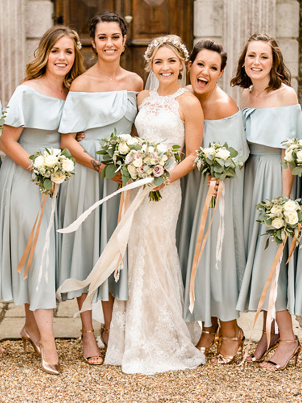 Charming Tea-Length Off Shoulder Bridesmaid Dresses, Soft Satin Bridesmaid Dresses, KX1081 Charming Tea-Length Off Shoulder Bridesmaid Dresses, Soft Satin Bridesmaid Dresses, KX1081