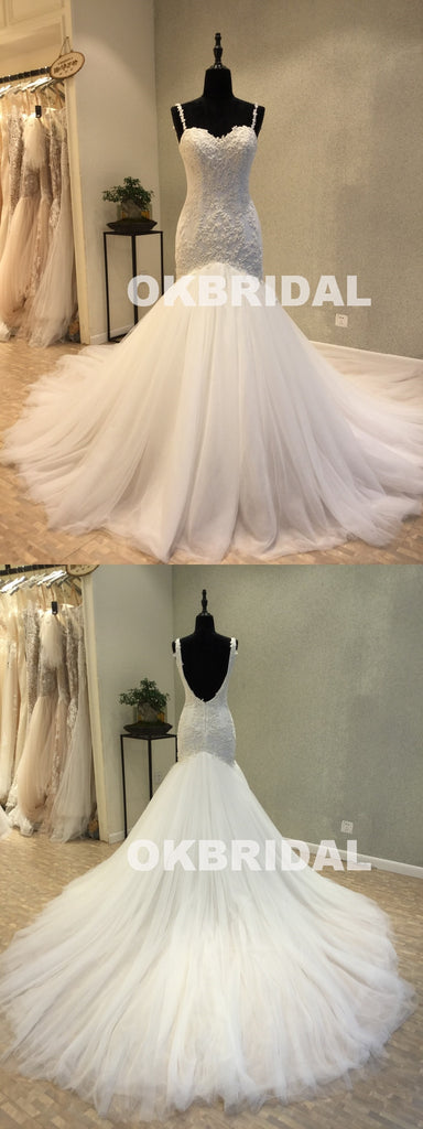 Charming Mermaid Backless Wedding Dresses, Tulle Sleeveless Lace Wedding Dresses, KX1093