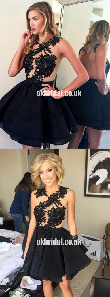 Black Organza A-Line Homecoming Dress, Sleeveless Applique Open-Back Homecoming Prom Dress, KX1298