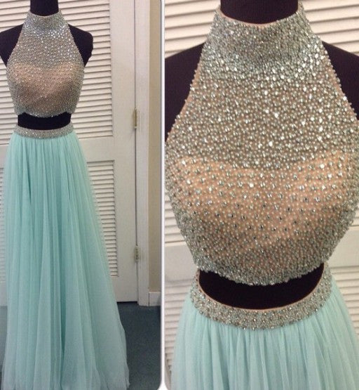 Tiffany Blue Two Pieces Tulle Evening Prom Dresses, Long Beaded Party Prom Dress, Custom Long Prom Dresses, Cheap Formal Prom Dresses, 17050