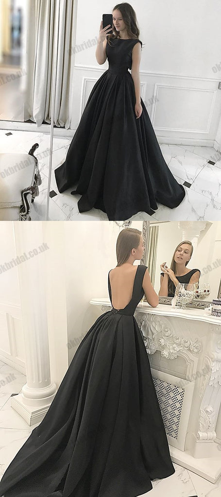 Charming Black A-Line Prom Dresses, Satin Backless Long Sleeveless Prom Dresses, KX1445