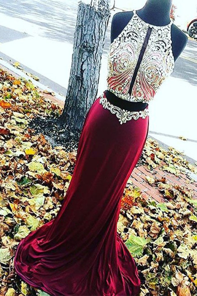 Sexy Two Pieces Red Beaded Evening Prom Dresses, Long Beaded Party Prom Dress, Custom Long Prom Dresses, Cheap Formal Prom Dresses, 17056