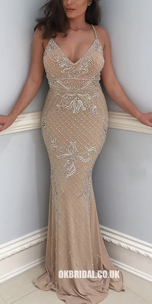 Sexy V-Neck Mermaid Jersey Backless Beaded Prom Dresses, FC1536