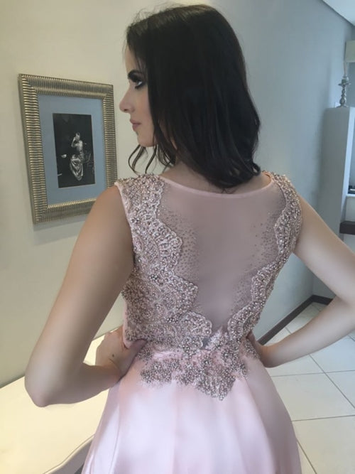 Pink Satin A-Line Sleeveless Prom Dresses, Tulle Long Beaded Prom Dresses, KX157