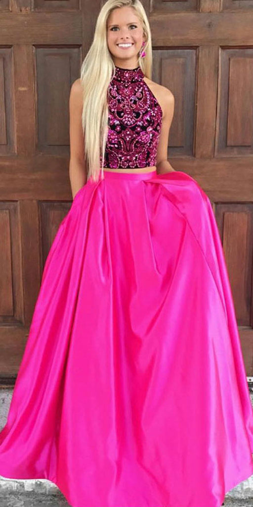 Two Pieces Beaded Top A-Line Satin Open-Back Prom Dress with Pocket, FC1593