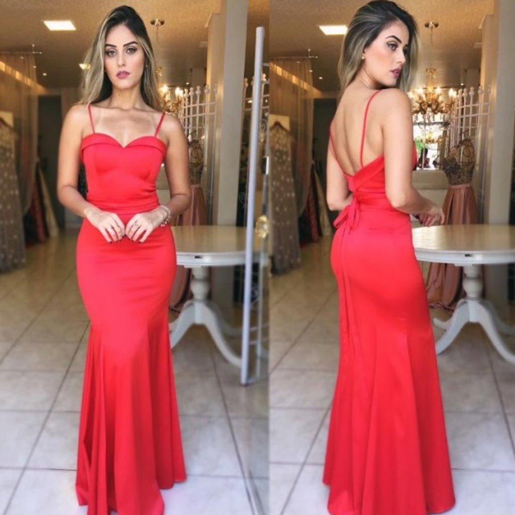 Newest Red Spaghetti Straps Prom Dress, Satin Mermaid Sexy Backless Prom Dress, KX169