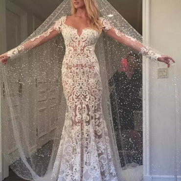 Long Sleeve Wedding Dress, Lace Wedding Dress, Vintage Bridal Dress, Tulle Wedding Dress, Elegant Mermaid Wedding Dress, Floor-Length Wedding Dress, KX182