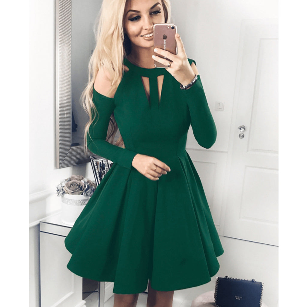 Forest Green A-line Jersey Long Sleeve Homecoming Dress, FC1866