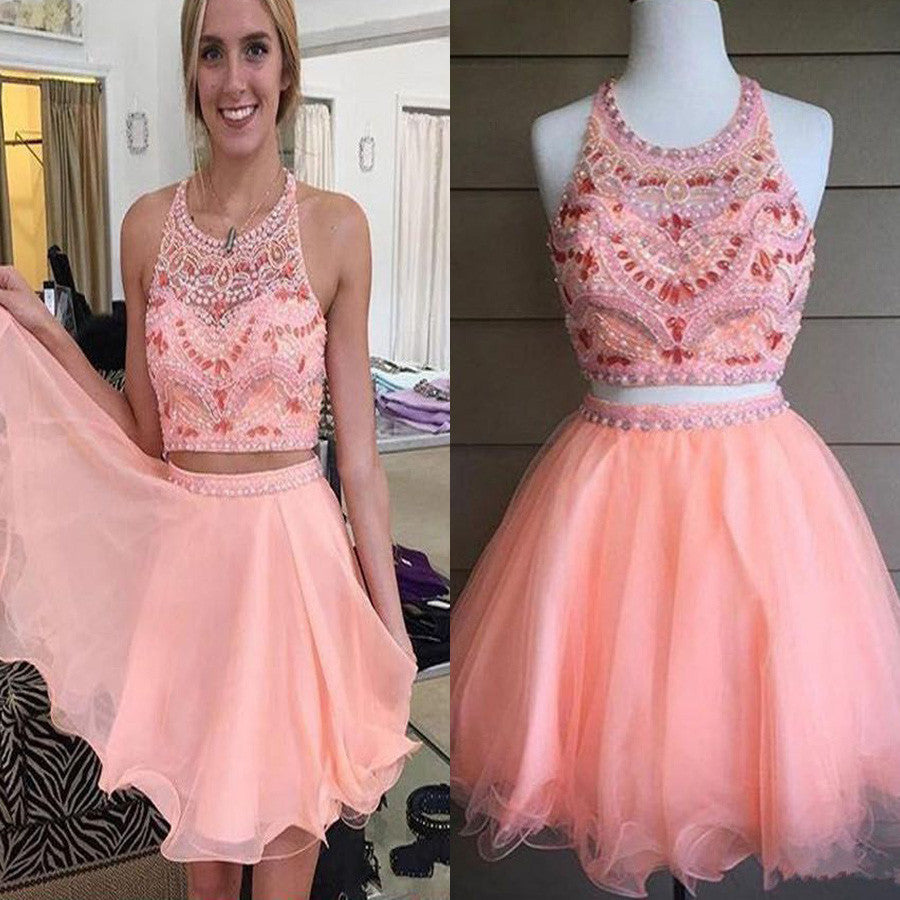 Blush pink two pieces beaded off shoulder sweet 16 cute cocktail graduation homecoming prom dresses, BD00195
