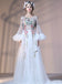 Elegant White Tulle A-Line Prom Dresses, Long Sleeve Applique Round Neckline Prom Dresses, KX198