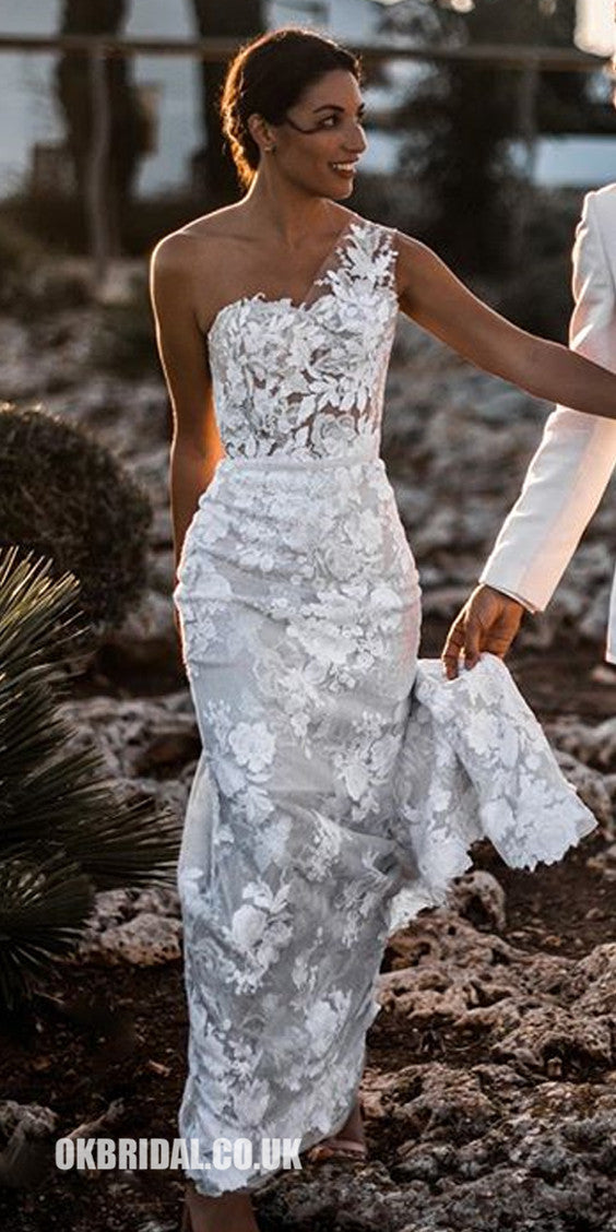 Charming One Shoulder Backless Lace Mermaid Sleeveless Wedding Dresses Charming One Shoulder Backless Lace Mermaid Sleeveless Wedding Dresses