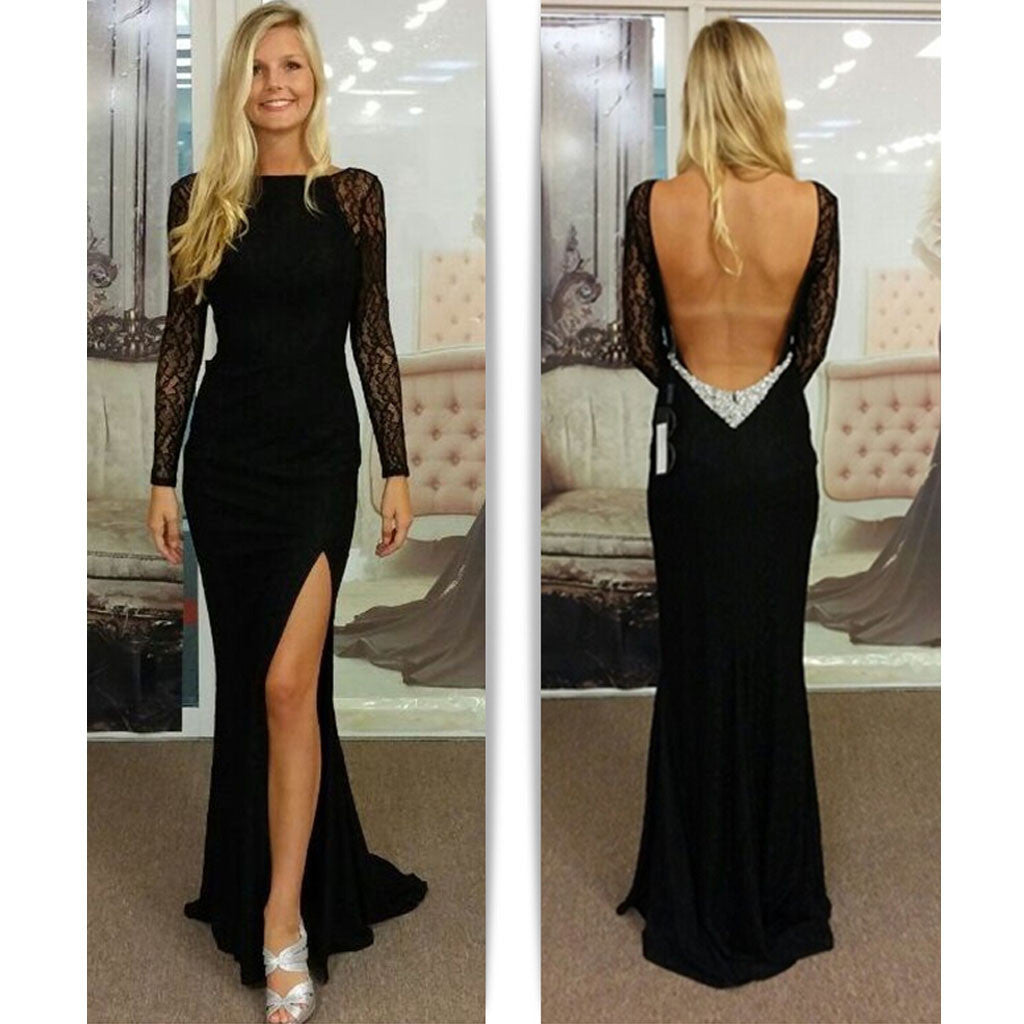 Sexy Black Long Sleeve Open Back Mermaid Side Split Long Evening Prom Dresses Sexy Black Long Sleeve Open Back Mermaid Side Split Long Evening Prom Dresses