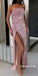 Popular Pink Sequin Straight Neckline Backless Slit Sparkly Prom Dresses, FC2132