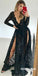 Black Sexy Slit Deep V-neck Long Sleeve Lace Prom Dresses, FC2153