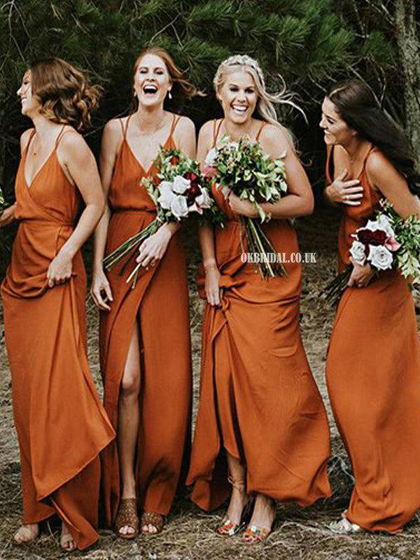 Caramel A-line Spaghetti Straps V-neck Backless Slit Bridesmaid Dress, Dresses Caramel A-line Spaghetti Straps V-neck Backless Slit Bridesmaid Dress, Dresses