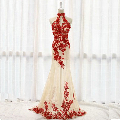 red or white prom dresses Red Applique High Neck Tulle Formal Charming On Sale Evening Party Long Prom Dresses, WG238