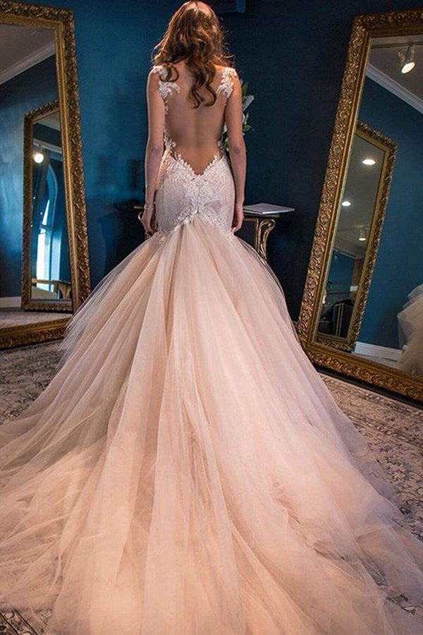 Sexy Backless Lace Mermaid Wedding Dresses, 2017 Tulle Cheap Wedding Gown, Affordable Bridal Dresses, 17089