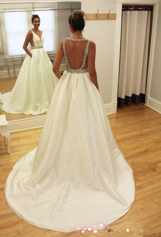 Sexy Backless Deep V Neckline Long Wedding Dresses, Simple Long Custom Wedding Gowns, Affordable Bridal Dresses, 17093