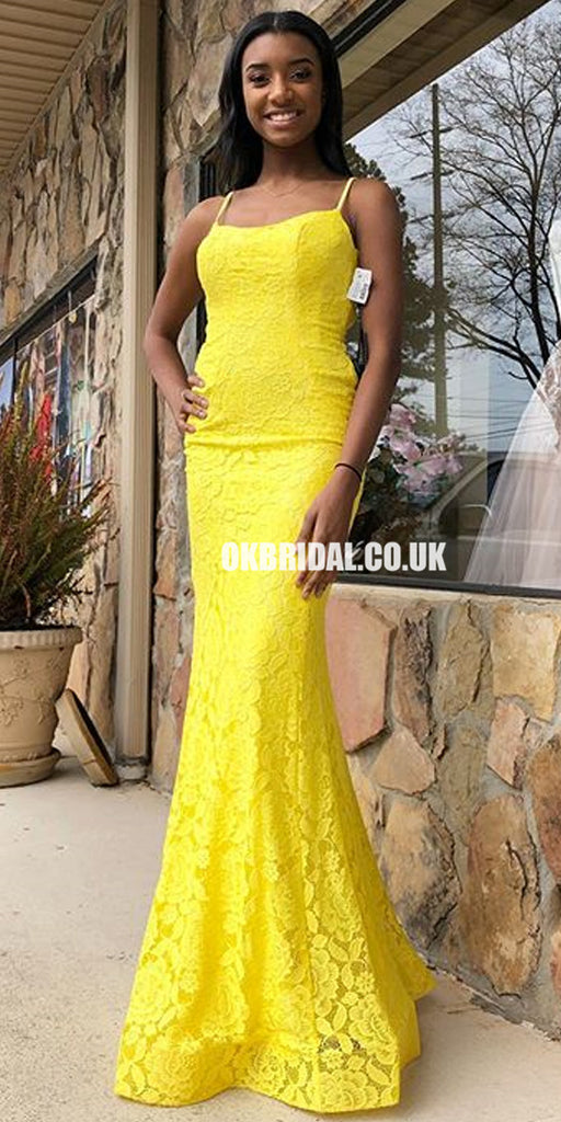Spaghetti Straps Yellow Mermaid Lace Backless Prom Dresses, FC2439