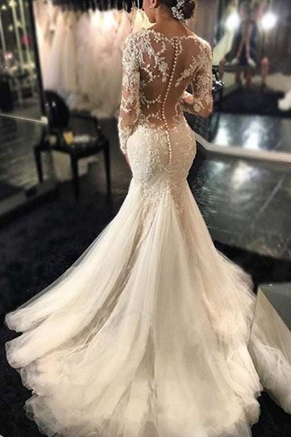 Long Sleeve Lace Mermaid Wedding Dresses,  Sexy See Through Long Custom Wedding Gowns, Affordable Bridal Dresses, 17101