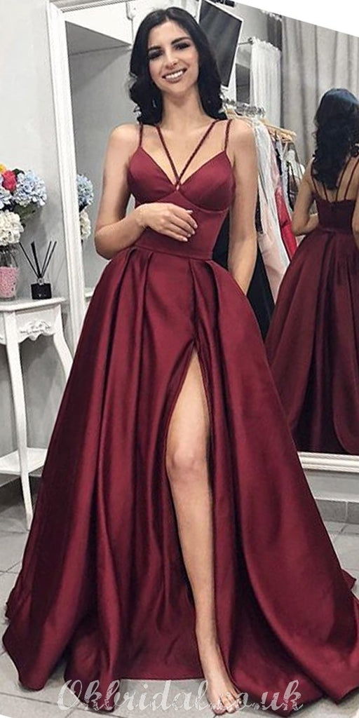 Elegant A-line Satin Backless Sexy Slit Long Prom Dress, FC2541