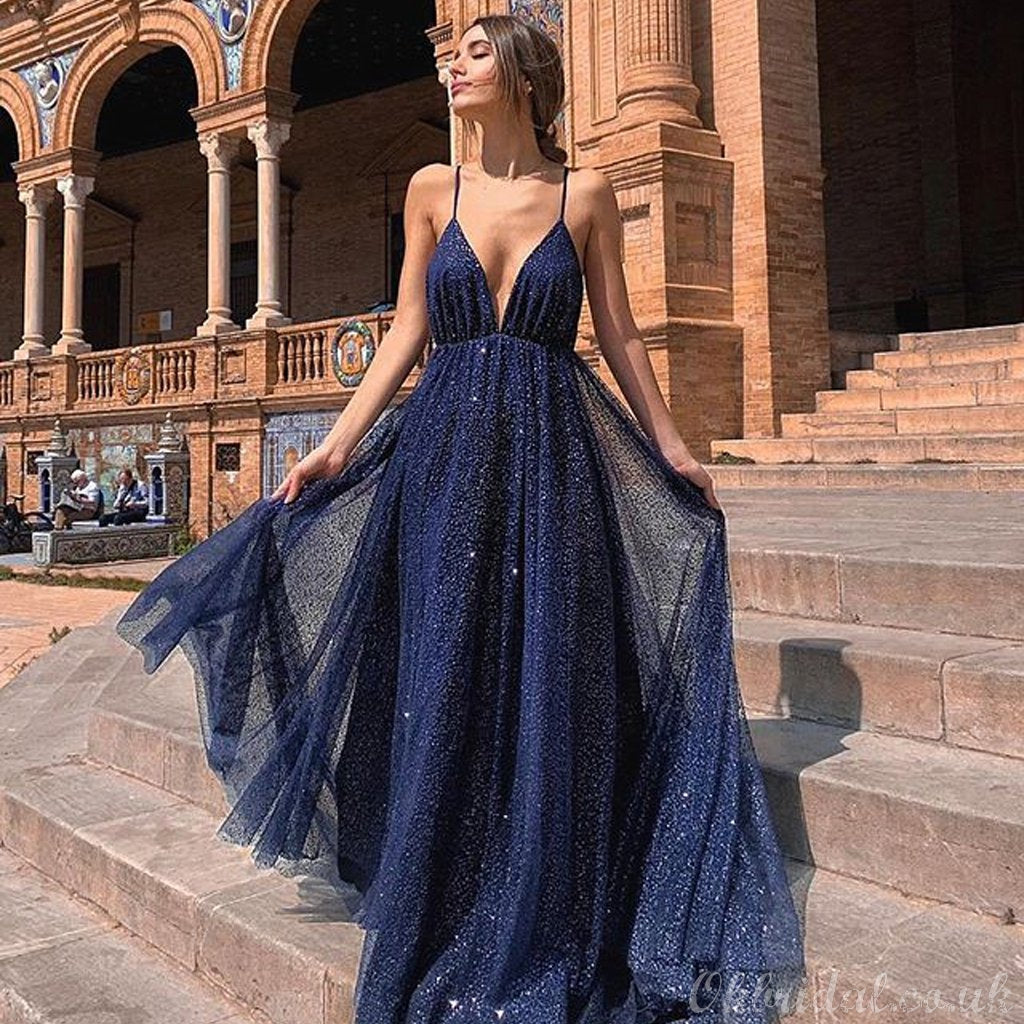 V Neck Glitzy Evening Dresses Uk Navy A-line Sparkly Deep V-neck Backless Tulle Charming Prom Dress V Neck Glitzy Evening Dresses Uk Navy A-line Sparkly Deep V-neck Backless Tulle Charming Prom Dress