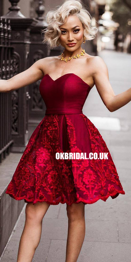 A-line Sweetheart Lace Backless Burgundy Homecoming Dress, FC2569