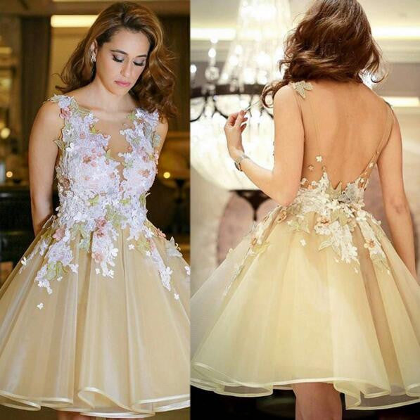 Newest Cocktail Dresses Lace Appliques Flowers Ball Gown Organza Backless Homecoming Dresses Champagne,220027