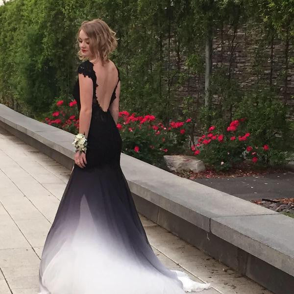 Gradient Black White Short Sleeve Sexy Side Slit Lace Open Back Long P Dresses Gradient Black White Short Sleeve Sexy Side Slit Lace Open Back Long P Dresses