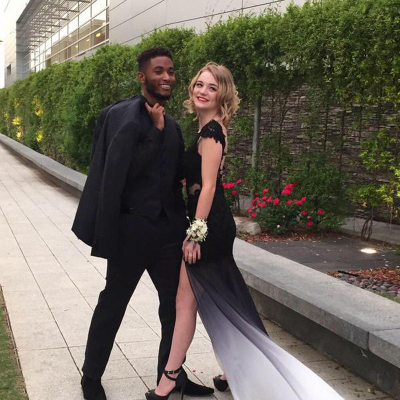 Gradient Black White Short Sleeve Sexy Side Slit Lace Open Back Long Prom Dress, WG270 Gradient Black White Short Sleeve Sexy Side Slit Lace Open Back Long Prom Dress, WG270