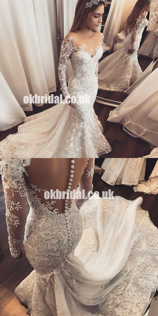 Luxury Long Sleeve Lace Mermaid Tulle Charming Beaded Wedding Dress, KX270