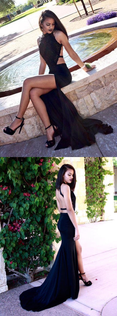Black Mermaid Sexy Backless Slit Jersey Cheap Beaded Long Prom Dress, KX293