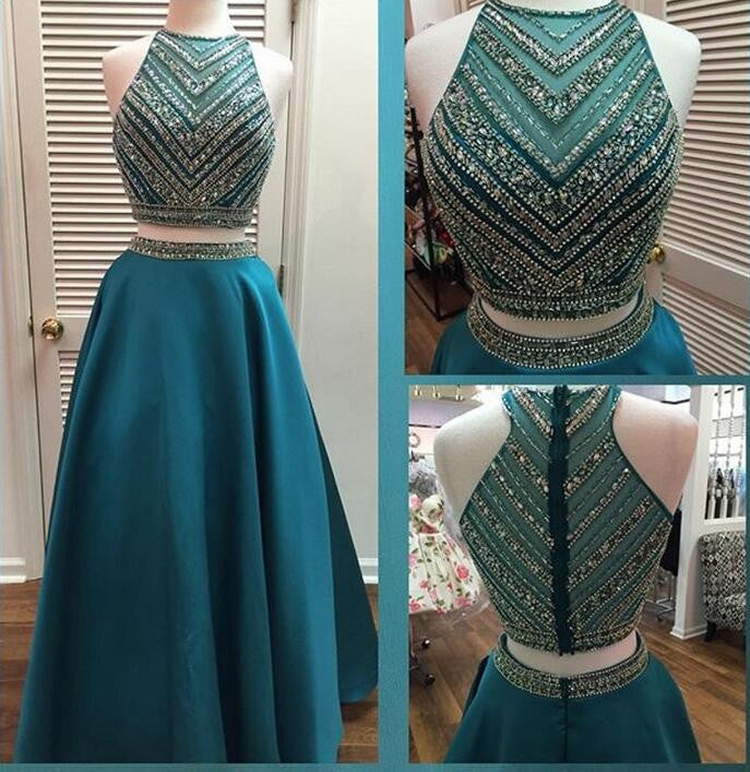 Two Pieces Beaded Unique Teal Green Long Prom Dresses, WG294