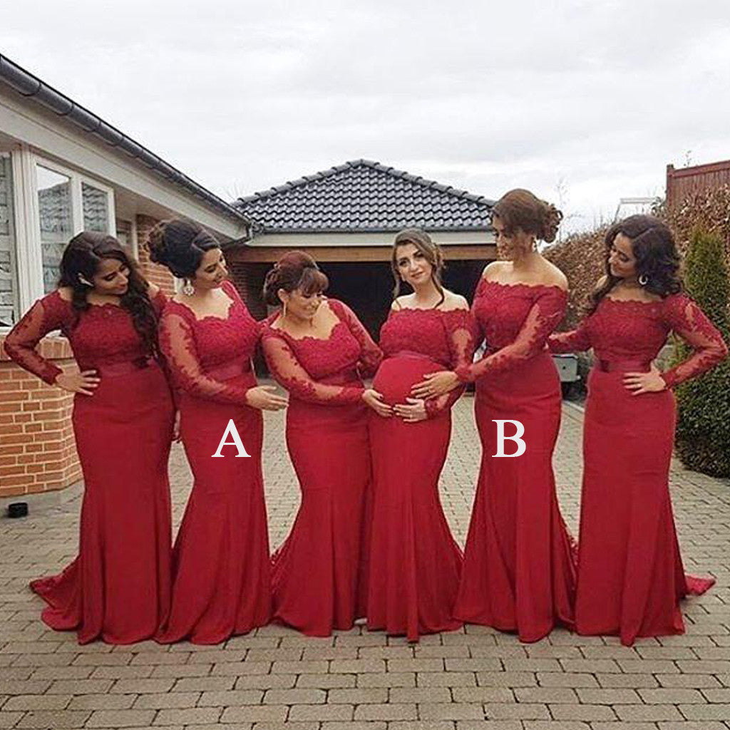 Red Lace Mermaid Long Sleeves Mismatched Long Wedding Bridesmaid Dress Dresses Red Lace Mermaid Long Sleeves Mismatched Long Wedding Bridesmaid Dress Dresses