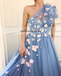 One Shoulder Tulle Prom Dress, Charming A-Line Applique Prom Dress, KX314