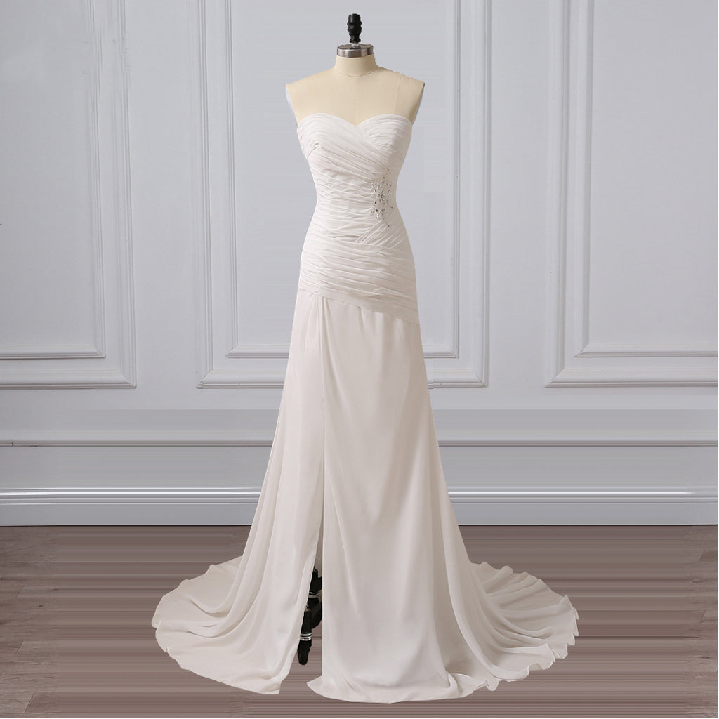Long Wedding Dress, Sweet Heart Wedding Dress, chiffon Bridal Dress, Sequin and Applique Wedding Dress, Side Split  Wedding Dress, LB0323