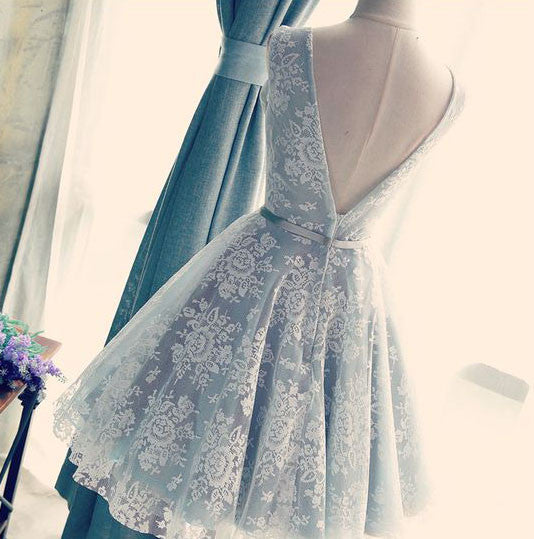 Cute V Neck V Back Sleeveless Lace Beautiful Knee-Length Homecoming Prom Dresses,220033