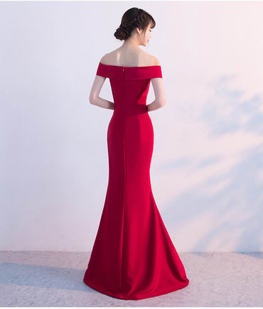 Long Prom Dresses, Off Shoulder Prom Dresses, Satin Party Prom Dresses, Side Split Evening Dresses, Sexy Prom Dresses, Red Prom Dresses Online, LB0333