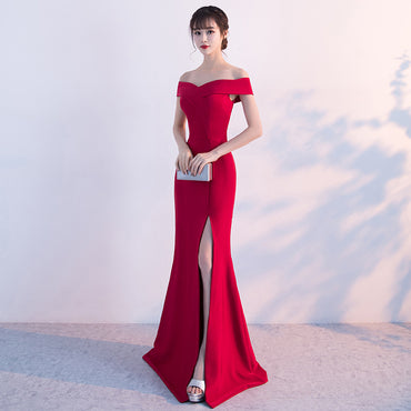 Long Prom Dresses, Off Shoulder Prom Dresses, Satin Party Prom Dresses, Side Split Evening Dresses, Sexy Prom Dresses, Red Prom Dresses Online, LB0333