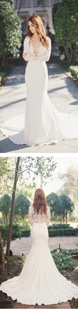 Sexy Deep V-Neck Long Sleeve Lace Top Mermaid Wedding Party Dresses, WD0038