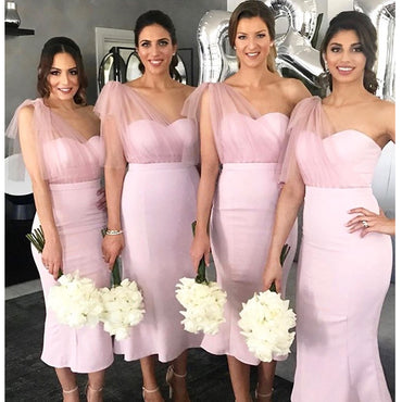 Pink Mermaid One Shoulder Sweetheart Tulle Bridesmaid Dress, FC3895
