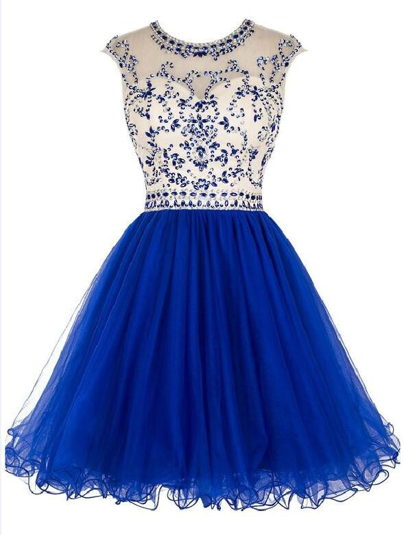 Sexy Open back Royal Blue Short Tulle homecoming prom dresses, CM0008