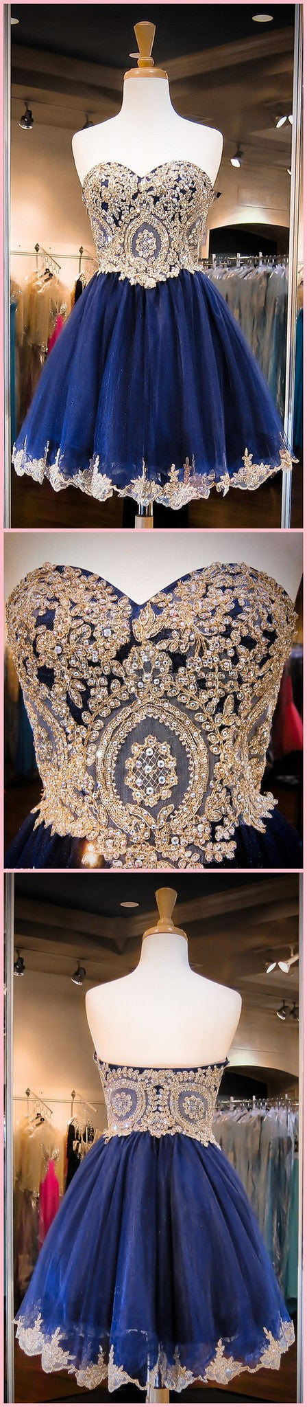 Navy Blue Skirt Gold Lace Beaded homecoming prom dresses, CM0027 – Dresses