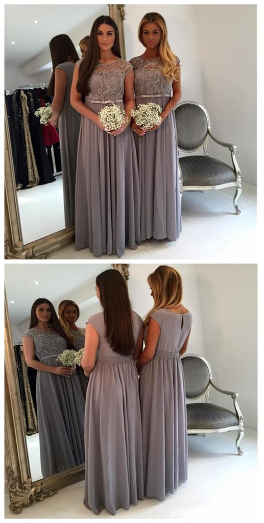Modest Cap Sleeve Lace A Line Grey Floor-Length Chiffon Wedding Guest Dresses For Maid of Honor, WG44
