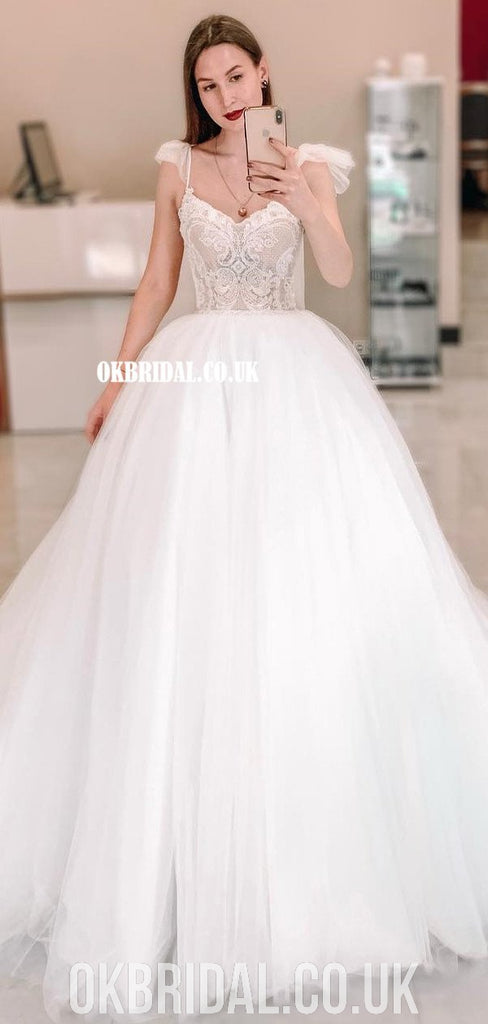 Gorgeous A-line Lace Top Sleeveless Tulle Long Wedding Dresses, FC4353